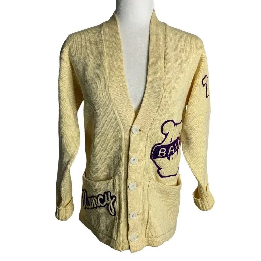 Vintage 70s Cardigan Varsity Sweater S Cream Wool Blend Pockets High School Band